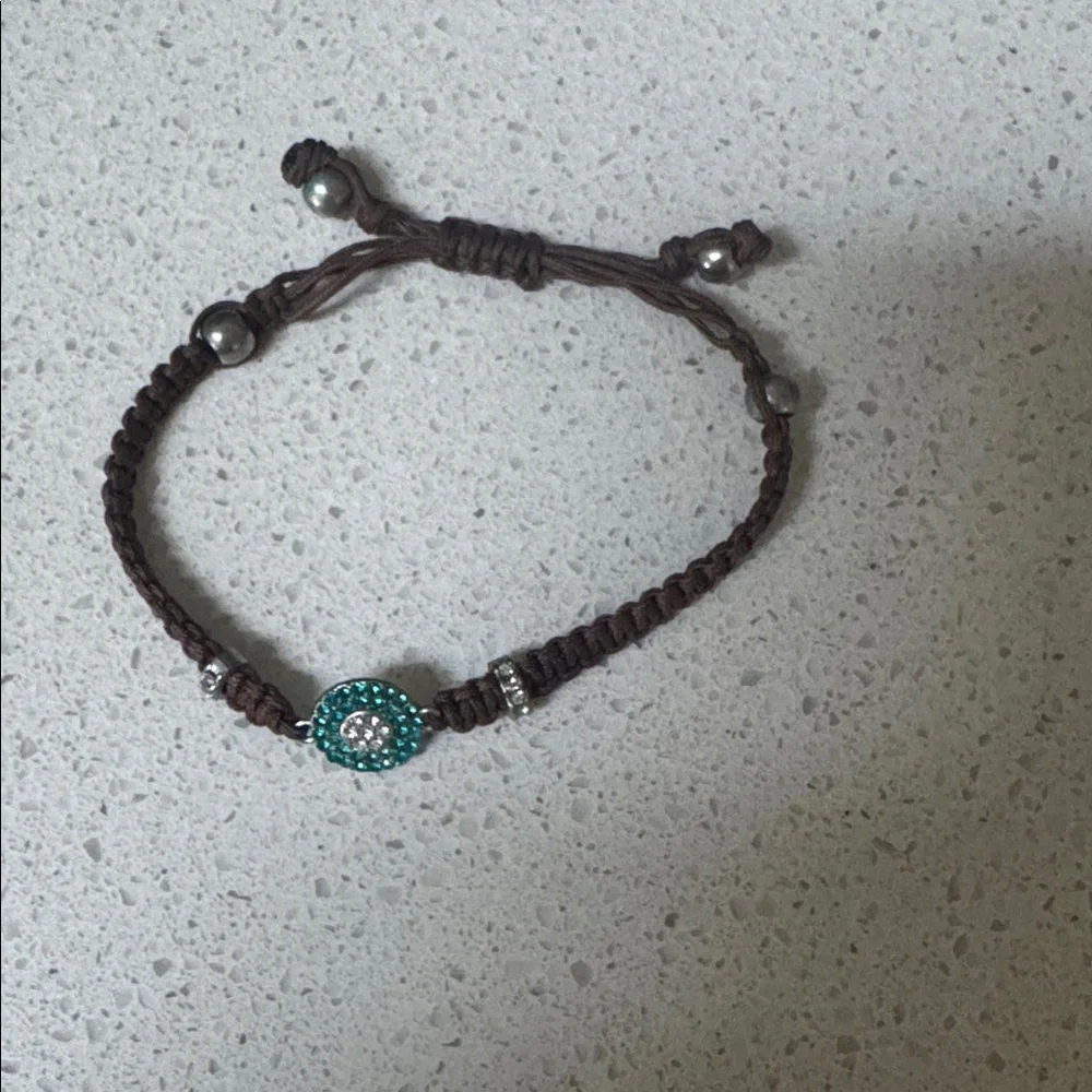 Blue pavé stone charm adjustable brown braided woven leather bracelet OS